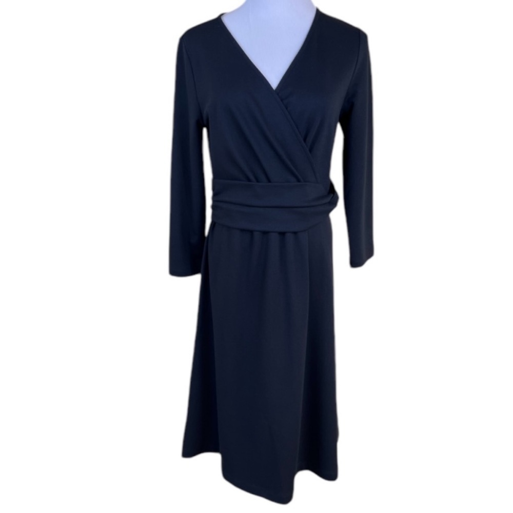 Lands’ End Banded Faux Wrap V Neck Fit Flare Dress Black Minimalist Corpcore